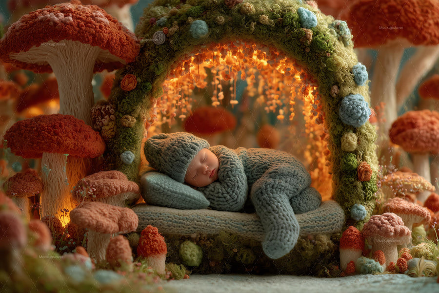 baby in fantasy forest with garden arch and magic mushroom for studio photos