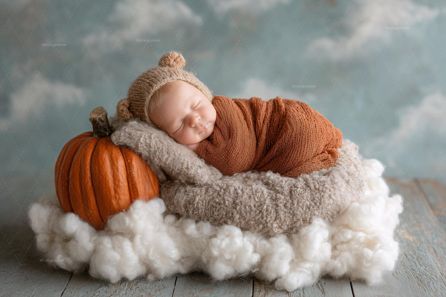 baby with teddy bear and pumpkins in fall digital background, perfect for newborn photography