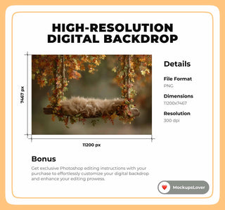 Fall Newborn Digital Photography Background, Woodland Baby Boy Girl Prop, Wooden Swing, Fantasy Forest, Fall Leaves, Photoshop Template