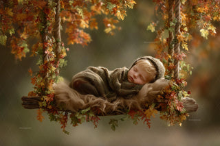 newborn on wooden swing with fall leaves in fantasy forest backdrop for digital photography