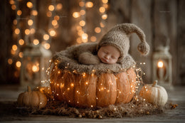 newborn baby in rustic pumpkin-themed fall backdrop for digital photography