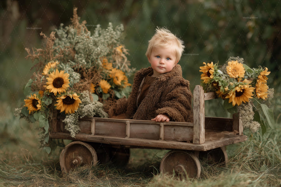 kids autumn portrait with sunflower and farm cart backdrop, rustic fall scene, photoshop template
