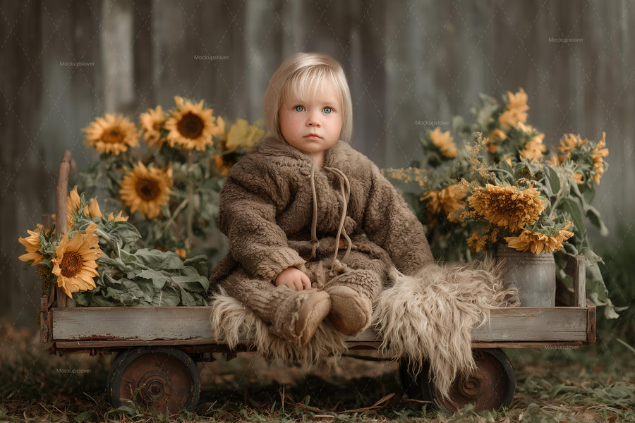 sunflowers and rustic farm cart scene for autumn photography, perfect for kids and babies
