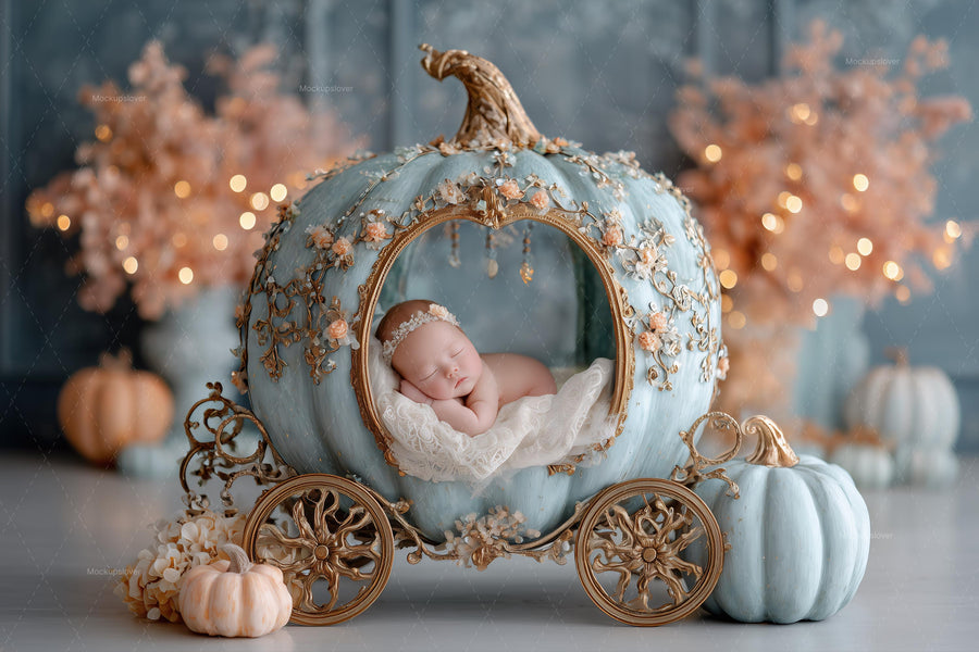 digital backdrop featuring princess pumpkin carriage scene for newborn photography