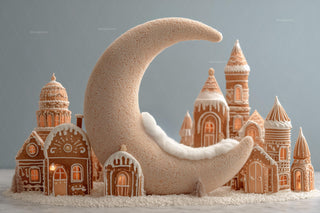 Newborn Digital Photography Background, Christmas Village, Gingerbread House Backdrop, Crescent Moon, Baby Prop, Photoshop Template