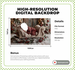 Christmas Digital Photography Background, Santa Sleigh, Newborn Portraits, Face Swap Overlay, Studio Baby Photo Backdrop, Photoshop Template