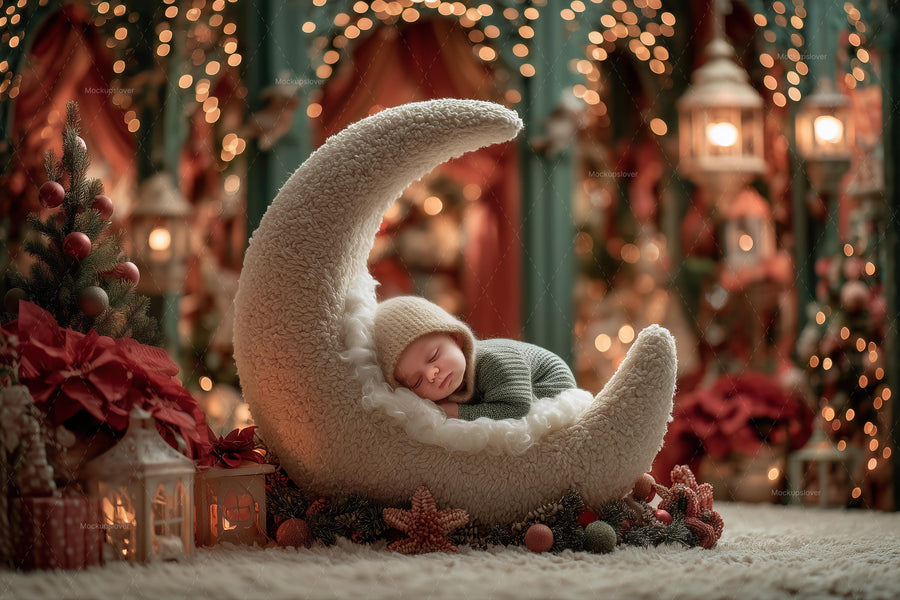 baby with crescent moon and fairy lights, digital backdrop for christmas photos, newborn holiday prop