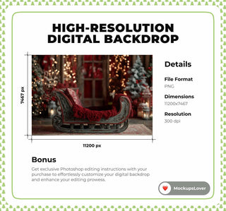Santa Sleigh Baby Digital Backdrop, Christmas Photo Background, Holiday Studio Kids Prop, Winter Wonderland, Photoshop & Canva Template