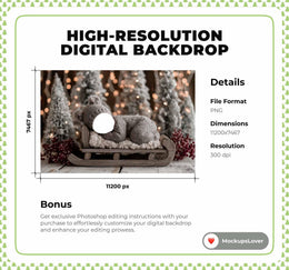 Christmas Newborn Digital Backdrop, Teddy Bear Face Swap Overlay, Santa Sleigh Background, Holiday Baby Prop, Photoshop & Canva Template