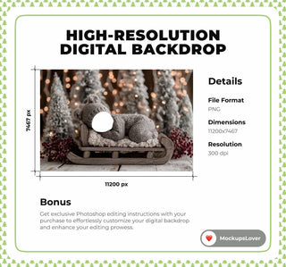 Christmas Newborn Digital Backdrop, Teddy Bear Face Swap Overlay, Santa Sleigh Background, Holiday Baby Prop, Photoshop & Canva Template