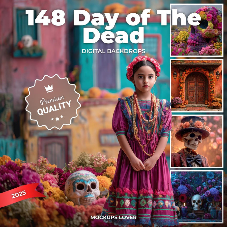scene of a colorful day of the dead celebration with sugar skulls, candles, and marigolds, on a backdrop for photo shoots