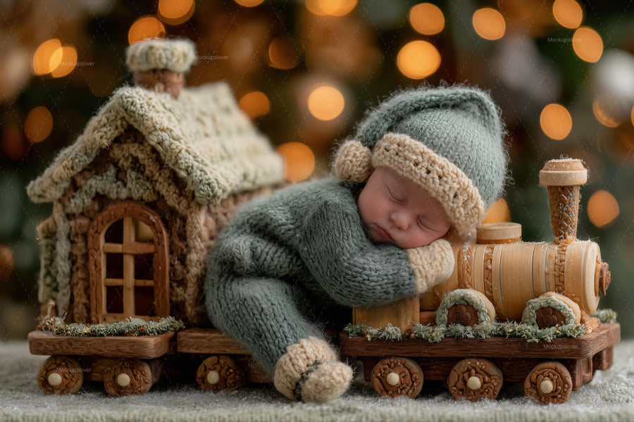 baby with christmas train backdrop, holiday photo prop, festive newborn portrait, christmas scene, digital backdrop