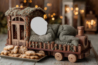 Christmas Train Newborn Digital Backdrop, Face Swap Overlay, Studio Photo Background, Holiday Baby Portrait Prop, Photoshop & Canva Template
