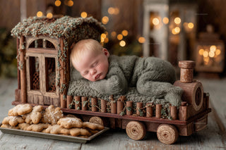 christmas train scene with newborn baby, holiday backdrop for portraits