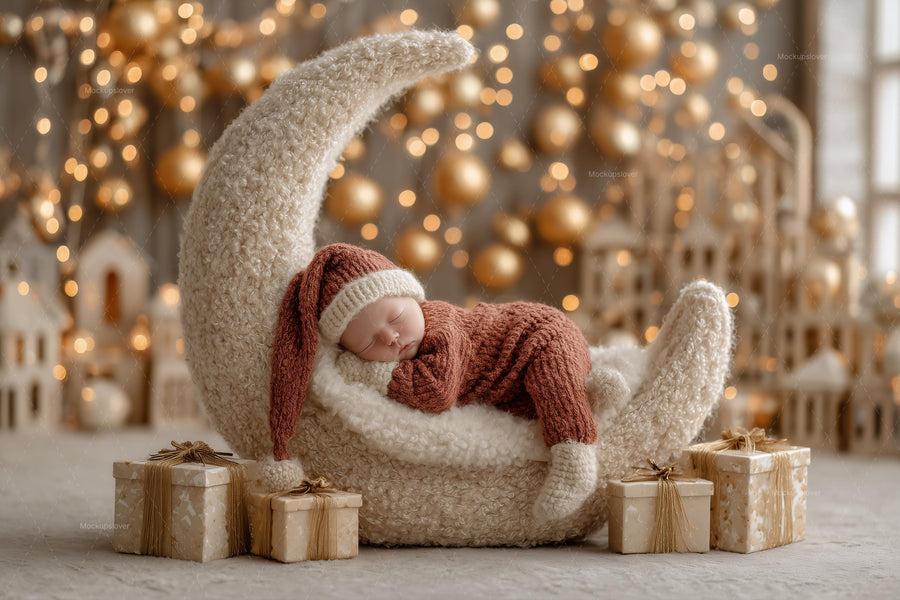 cute baby with christmas santa face swap, crescent moon backdrop, holiday studio scene, digital photo prop