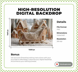 Christmas Gingerbread Cookies Sleigh Newborn Digital Backdrop, Studio Background, Holiday Baby Portrait Prop, Photoshop & Canva Template