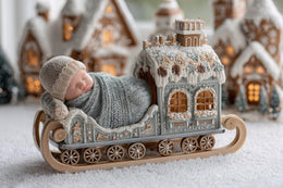 baby with face swap overlay in front of christmas train backdrop, holiday photo prop, studio background