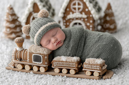 christmas train scene with gingerbread house, ideal for holiday photo shoots