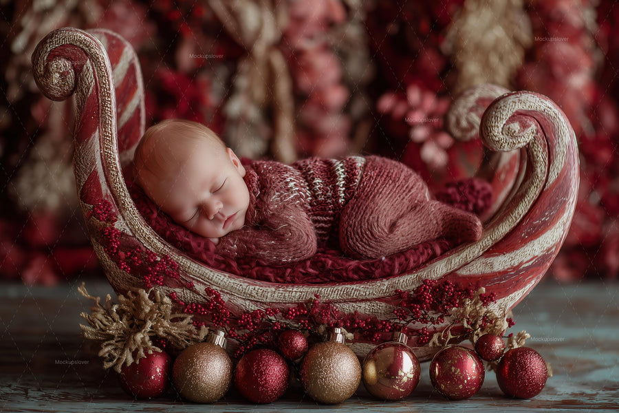 christmas newborn scene with santa sleigh and festive background, ideal for holiday photo shoots