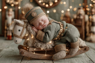 baby with nutcracker and rocking horse in christmas backdrop, studio scene, perfect for holiday photos