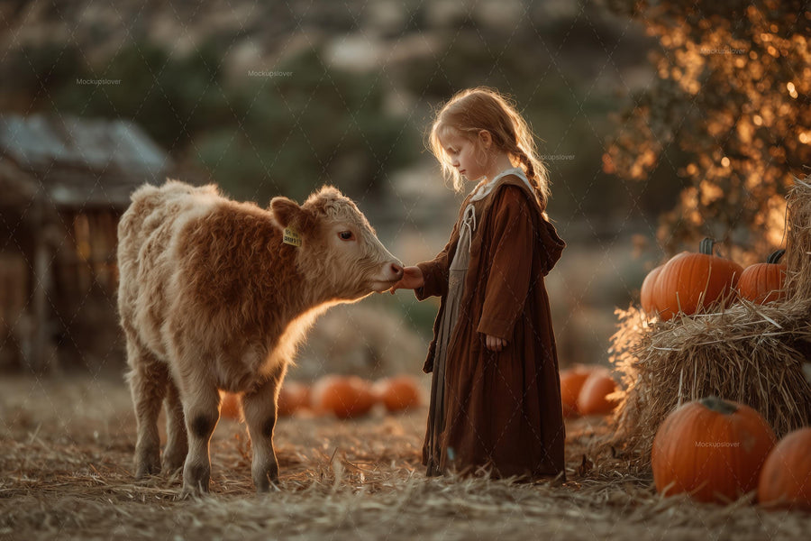 farm scene with cows and pumpkins, autumn backdrop for kids' portraits and creative projects