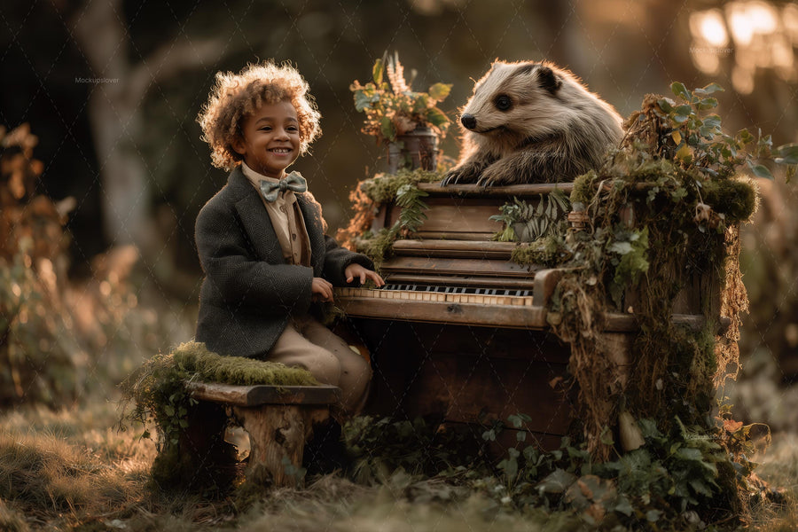 kids in a fantasy forest scene, autumn backdrop for photo shoots, woodland creatures, and outdoor props