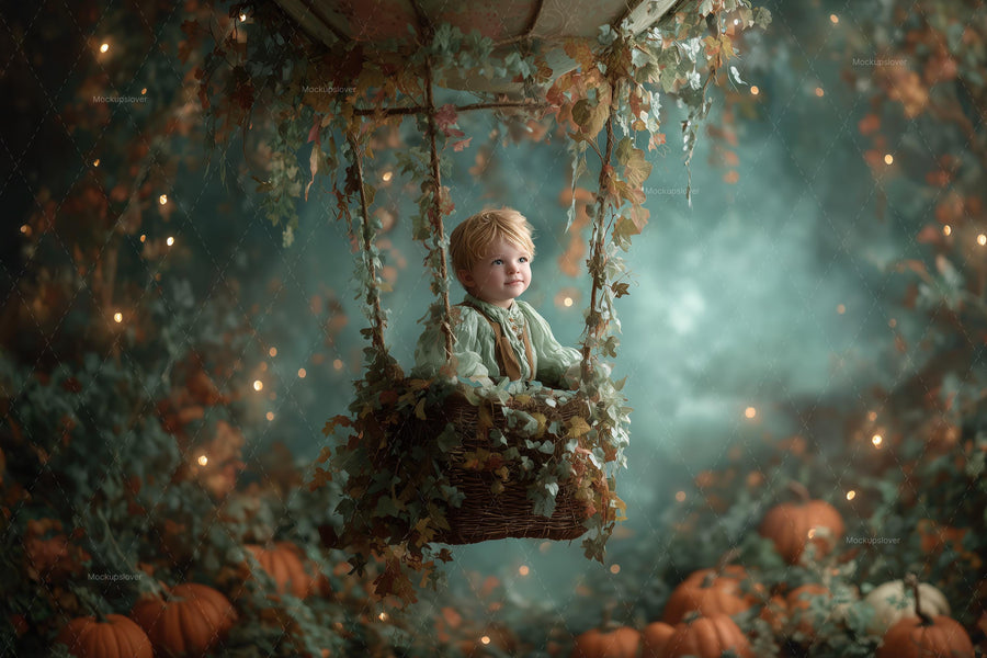 fairy figure in autumn forest with pumpkins and hot air balloon, perfect for fall photo shoots