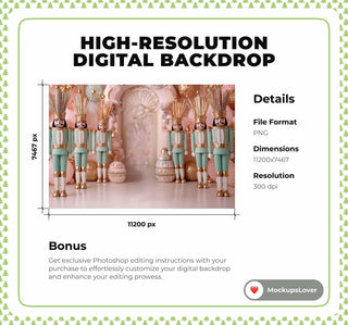 Pink Christmas Digital Backdrop, Giant Nutcracker Studio Photo Background, Holiday Kids Prop, Winter Wonderland, Photoshop & Canva Template