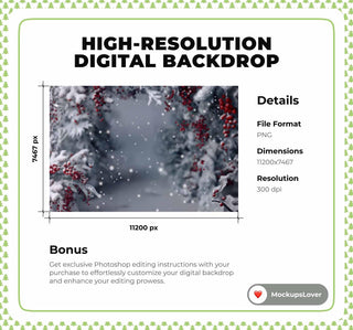 Winter Wonderland Digital Backdrop, Snowy Forest Photo Background, Christmas Holiday Kids Portrait Prop, Photoshop & Canva Template