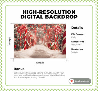 Candy Cane Digital Backdrop, Red Christmas Photo Background, Winter Wonderland, Holiday Kids Prop, Photoshop & Canva Template
