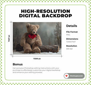 Winter Fantasy Forest Digital Backdrop, Teddy Bear Background, Christmas Photo, Woodland Creatures, Holiday Kids Prop, Photoshop Template