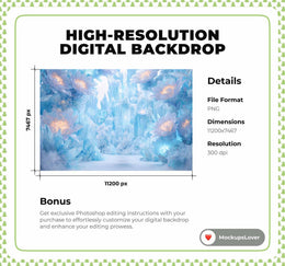Frozen Giant Flowers Digital Backdrop, Winter Wonderland Photo Background, North Pole, Nordic Christmas, Kids Prop, Photoshop/Canva Template