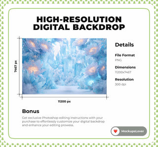 Frozen Giant Flowers Digital Backdrop, Winter Wonderland Photo Background, North Pole, Nordic Christmas, Kids Prop, Photoshop/Canva Template