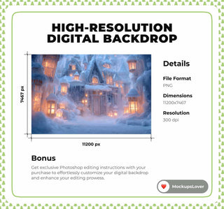 Frozen Winter Wonderland Village Digital Backdrop, Christmas Photo Background, Lanterns, Kids Holiday Prop, Photoshop & Canva Template