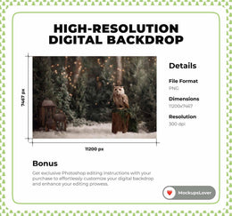 Winter Wonderland Digital Backdrop, Fantasy Forest Photo Background, Woodland Creatures, Wise Owl, Holiday Kids Prop, Photoshop Template