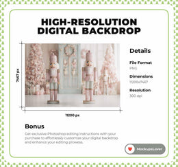 Pink Christmas Nutcracker Digital Backdrop, Studio Photo Background, Holiday Kids Prop, Winter Wonderland, Photoshop & Canva Template