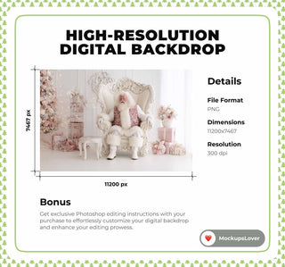 White Christmas Studio Digital Backdrop, Santa Claus Photo Background, Holiday Kids Prop, Winter Wonderland, Photoshop & Canva Template