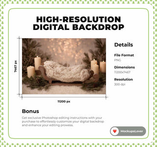 Cozy Christmas Newborn Digital Backdrop, Studio Background, Wooden Bed, Holiday Baby Prop, Winter Wonderland, Photoshop & Canva Template