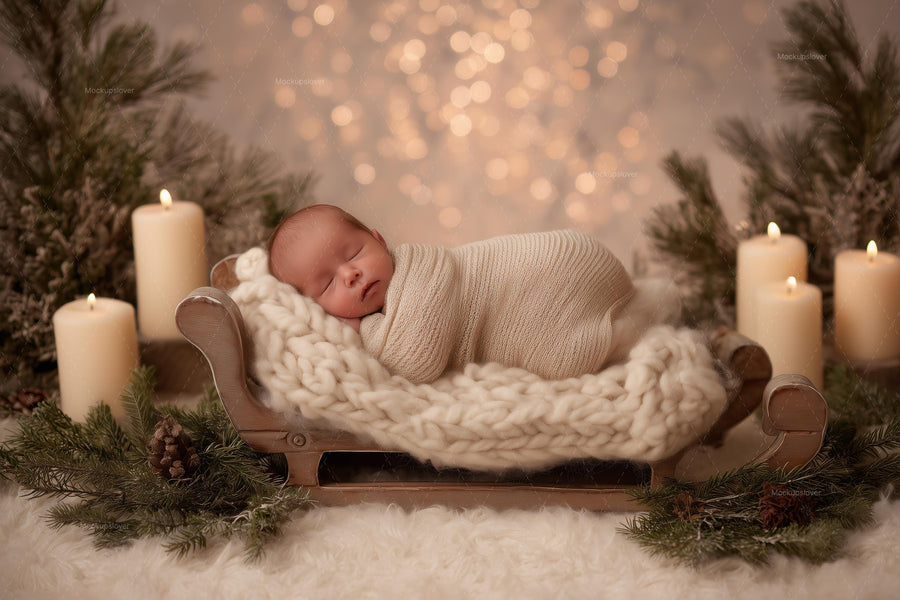 newborn baby on wooden bed in cozy christmas scene, holiday backdrop for festive photos