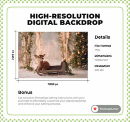 Christmas Digital Backdrop, Santa Sleigh, Reindeer, Fantasy Forest Background, Winter Wonderland, Holiday Prop, Photoshop & Canva Template