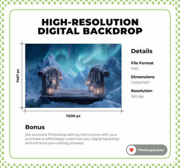 North Pole Bridge Digital Backdrop, Winter Wonderland Photo Background, Christmas Holiday Kids Prop, Northern Lights, Photoshop Template