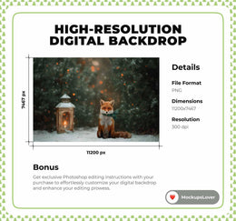 Christmas Woodland Animals Digital Backdrop, Red Fox, Forest Background, Winter Wonderland, Holiday Kids Prop, Photoshop & Canva Template