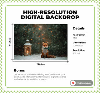 Christmas Woodland Animals Digital Backdrop, Red Fox, Forest Background, Winter Wonderland, Holiday Kids Prop, Photoshop & Canva Template