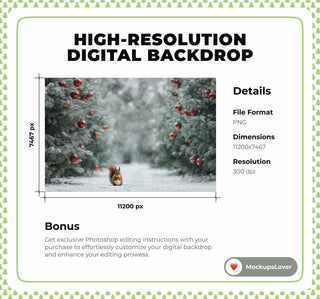 Winter Woodland Animals Digital Backdrop, Christmas Tree Forest Photo Background, Squirrels, Holiday Kids Prop, Photoshop & Canva Template