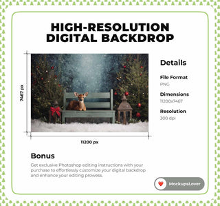 Christmas Digital Backdrop, Woodland Creatures Photo Background, Wooden Bench, Reindeer, Holiday Kids Prop, Photoshop & Canva Template