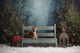 Christmas Digital Backdrop, Woodland Creatures Photo Background, Wooden Bench, Reindeer, Holiday Kids Prop, Photoshop & Canva Template