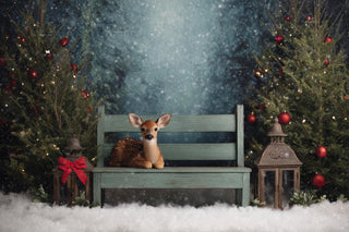 Christmas Digital Backdrop, Woodland Creatures Photo Background, Wooden Bench, Reindeer, Holiday Kids Prop, Photoshop & Canva Template
