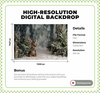 Winter Wonderland Digital Backdrop, Christmas Studio Background, Woodland Animals, Reindeer, Holiday Baby Prop, Photoshop & Canva Template
