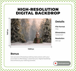 Christmas Woodland Creatures Digital Backdrop, Winter Wonderland Photo Background, Holiday Portrait Prop, Fantasy Forest, Photoshop Template