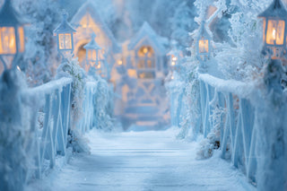 Winter Wonderland Bridge Digital Backdrop, Christmas Village Photo Background, North Pole, Holiday Kids Prop, Photoshop & Canva Template
